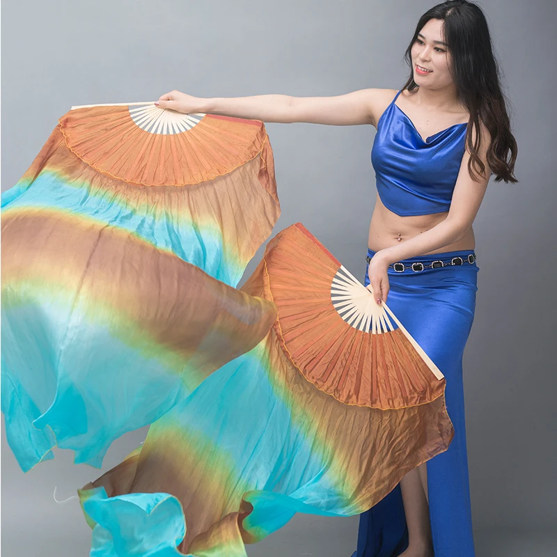 For Kid and Women Belly Dancing Bellydance 1 Pair Gradient Color Dancer Practice Stage Performance 150/180x90cm Real Silk Fans