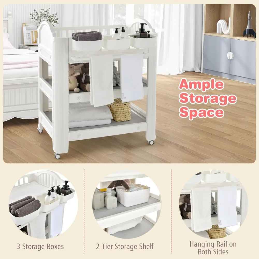 Costzon-Table d'appoint pour bébé, station de remplacement pour couche-culotte pour bébé avec matelas et oreiller en latex, étagères et boîtes de rangement, mobile