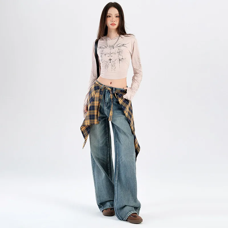 American Streetwear Vintage Yellow Plaid Skirt Extender Women/Men Irregular Hem Lace-Up One-Piece Accessory