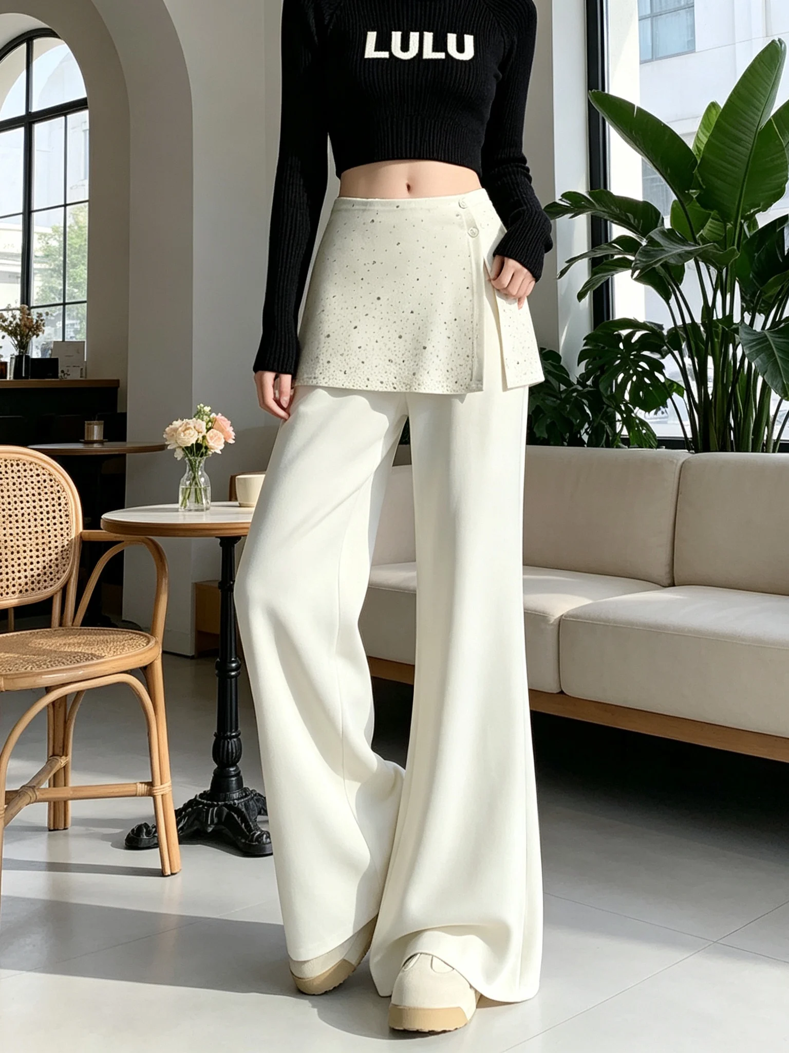 Elegant High Waist Casual Wide Leg Skirt Pants Women's Spring Autumn 2026 New Style Drill Micro Flared Floor Length Trousers