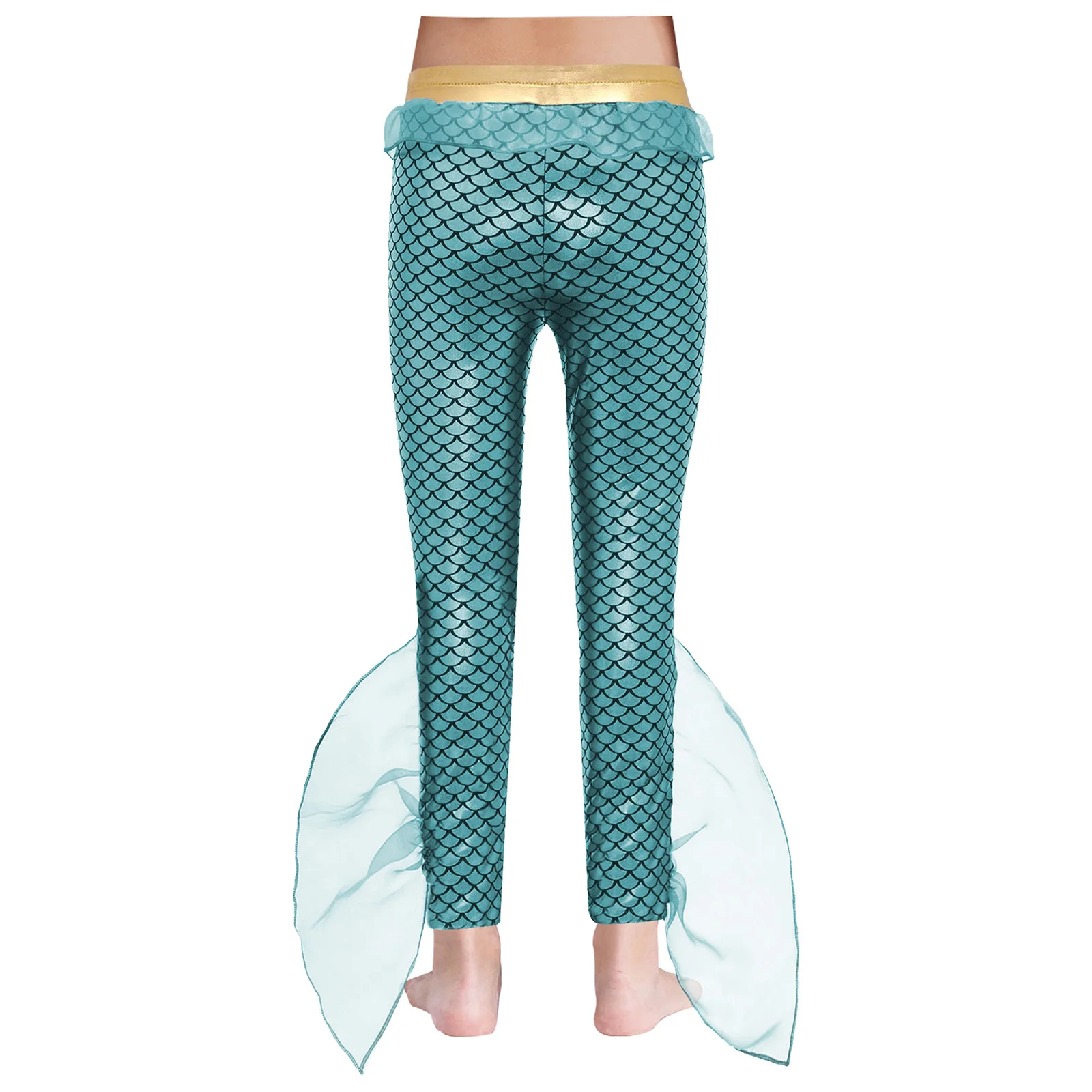 Children Mermaid King of The Seas Cosplay Costume Glossy Fish Scales Print Ruffle Pants Leggings Halloween Theme Party Dress Up