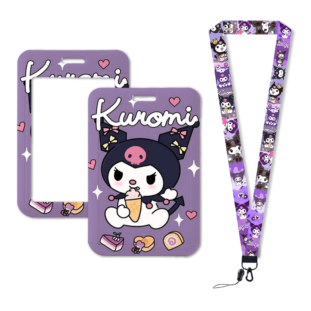 W Sanrio Kuromi tempat kartu kerja, lencana nama izin kerja dengan gantungan kunci pak kartu Id siswa Lanyard penutup tempat penyimpanan kartu