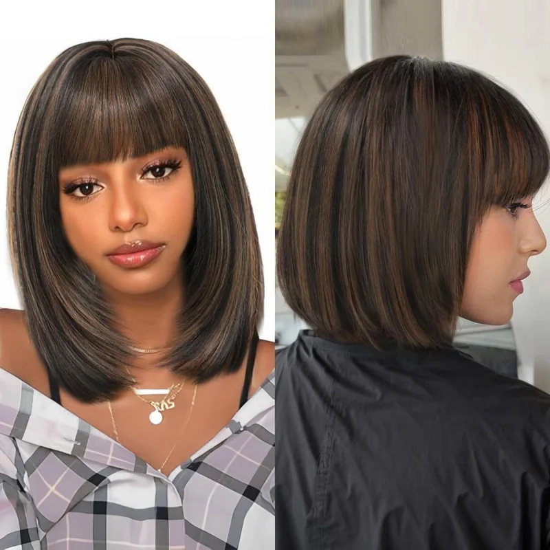 

Европейский и американский короткий парик с кружевной вставкой, черно-коричневый многослойный парик-каре с челкой