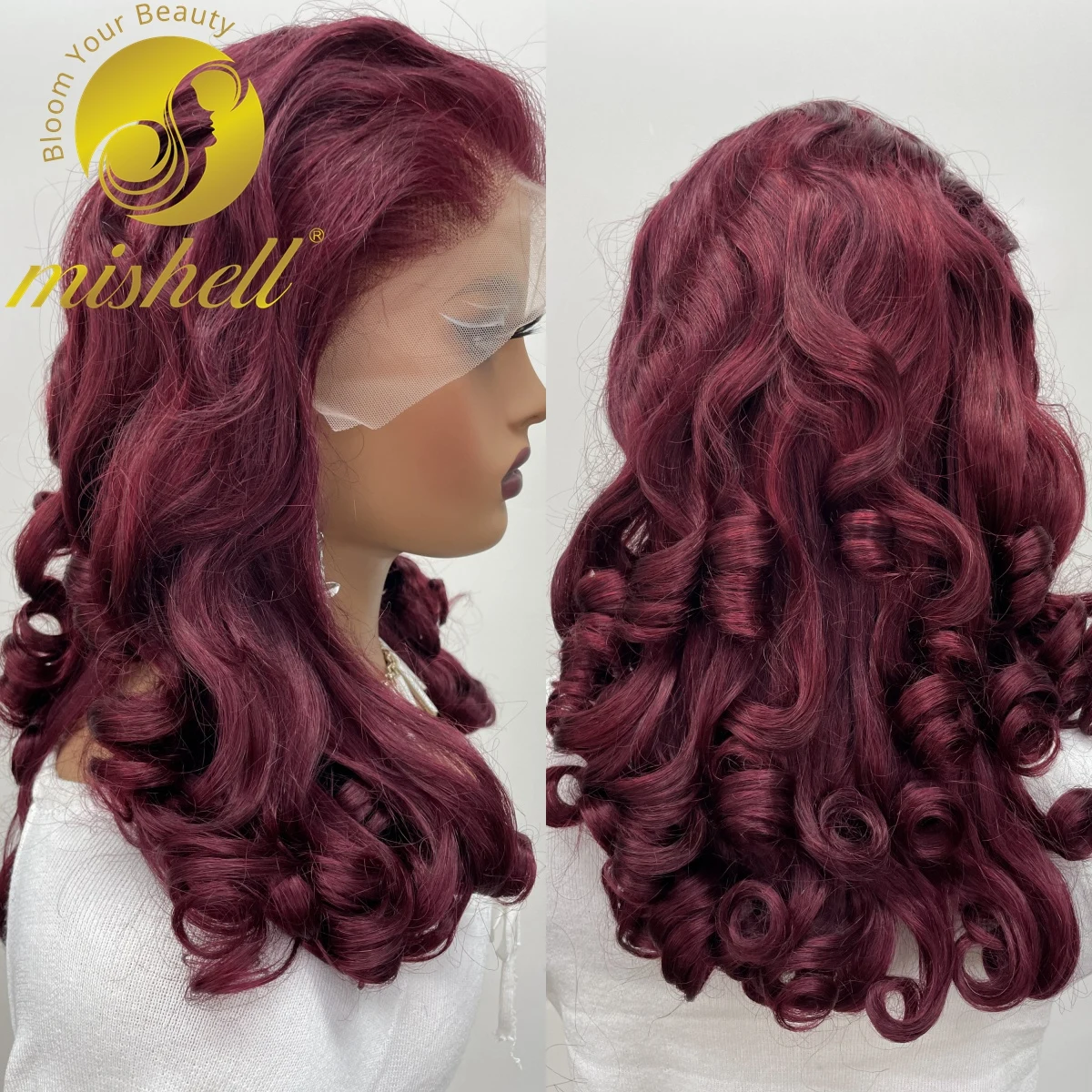 

300% Burgundy 99J Bouncy Curly Human Hair Wigs Density 13x4 HD Transparent Loose Wave Lace Wig 24inch for Women Preplucked Remy