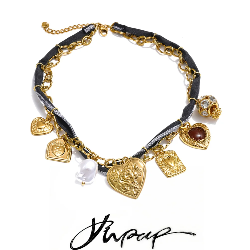 Yhpup Arrivals Seil geflochtene Kette Zirkonia Perle Herz Blume Tropfen Halskette beliebte Edelstahl Charm Kragen Schmuck