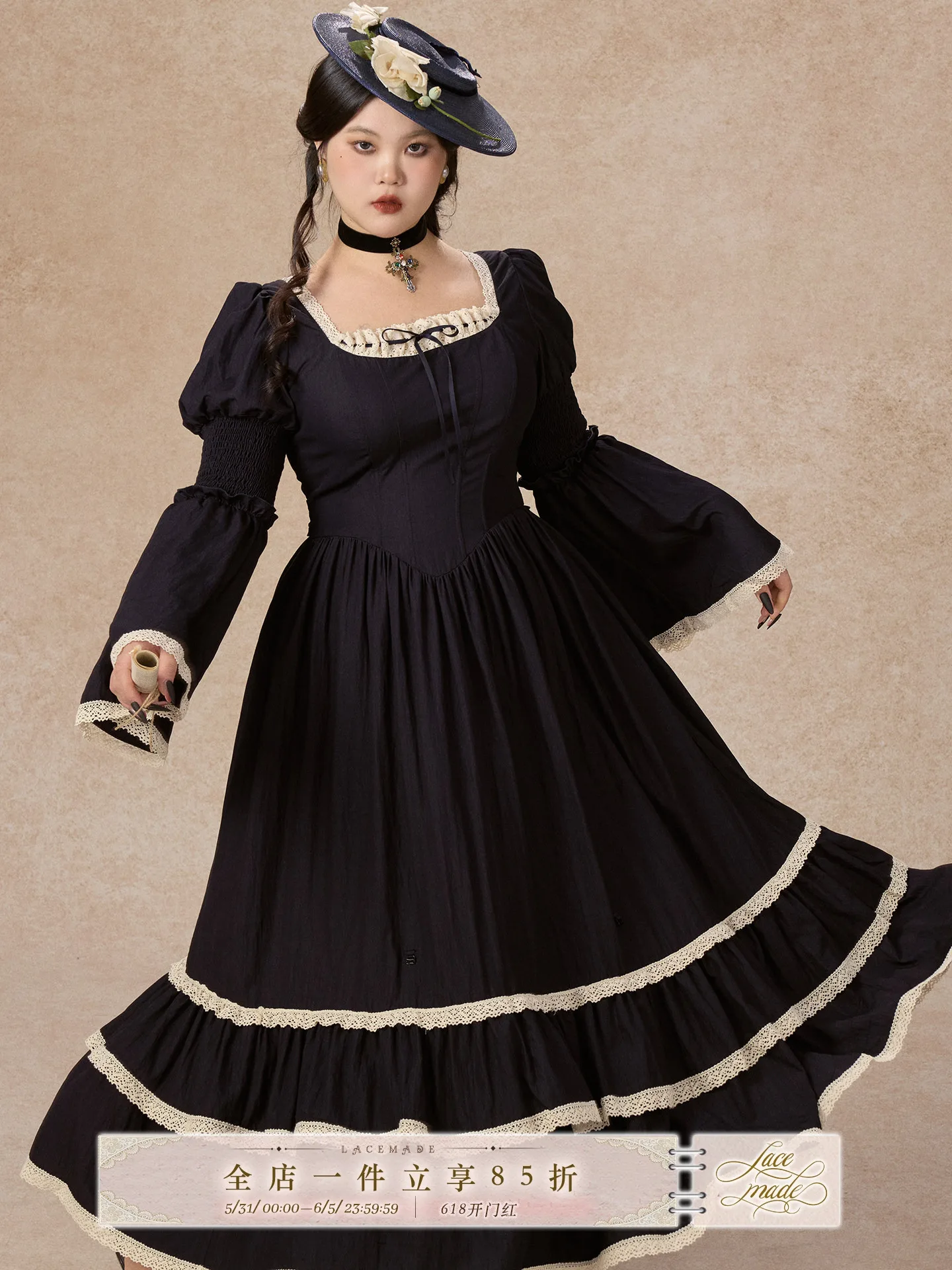 

Deep Blue Waltz Court Style Halloween Dress Large Size Women's Fashion Fishbone Long Skirt A-Line Lace Mid-Waist Zipper Back