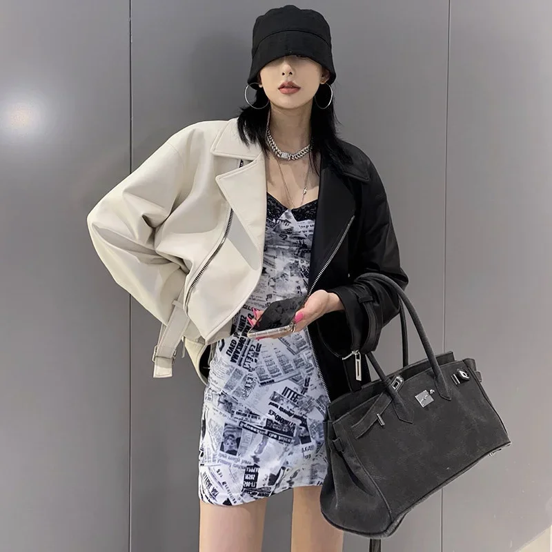 秋ヴィンテージコントラストカラースプライシング女性フェイク Pu レザージャケットベルト女性カジュアル長袖バイカージャケットストリート