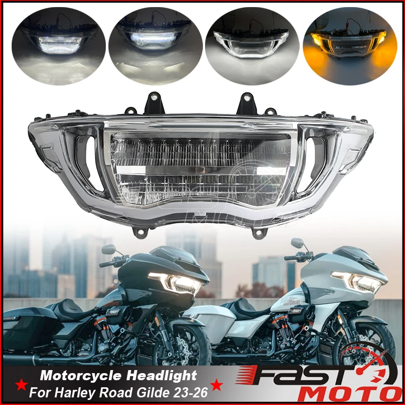 LED Headlight For Harley Road Glide Motorcycle High Low Beam Turn Signal Light Emergency Flasher Running Lights Headlamp 2023-26