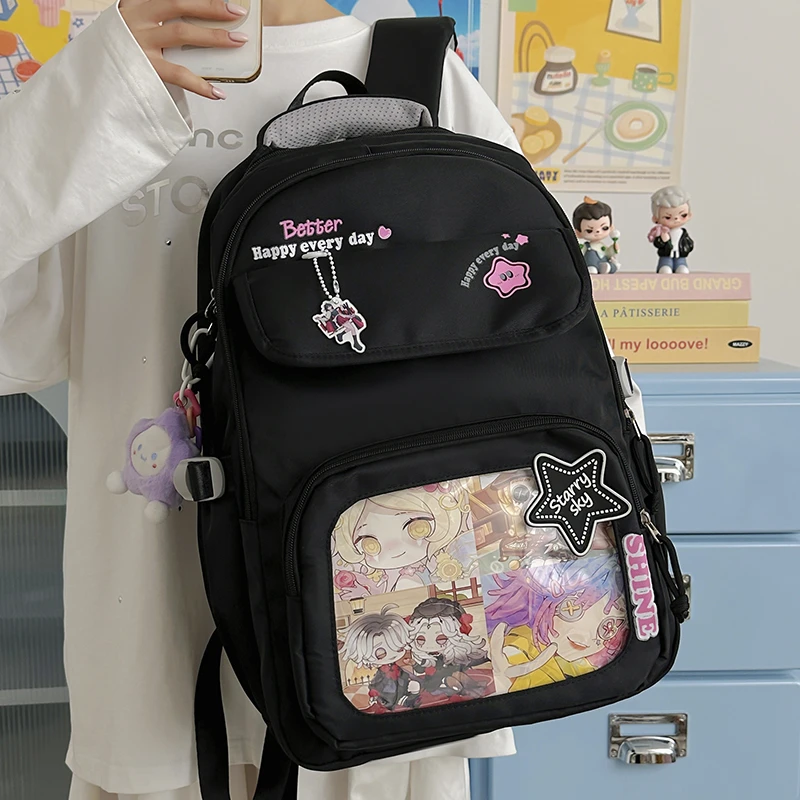 

Women's Canvas Backpack Clear Display Pocket Cute Text Decor Adjustable Strap Casual Daily School Bag 2026 New Trend Back Pack