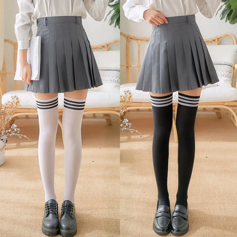 Solid Color Lolita Long Stockings JK Women Girls Cute Black White Tights Over Knee Thigh High Socks Cosplay  Nylon Stockings