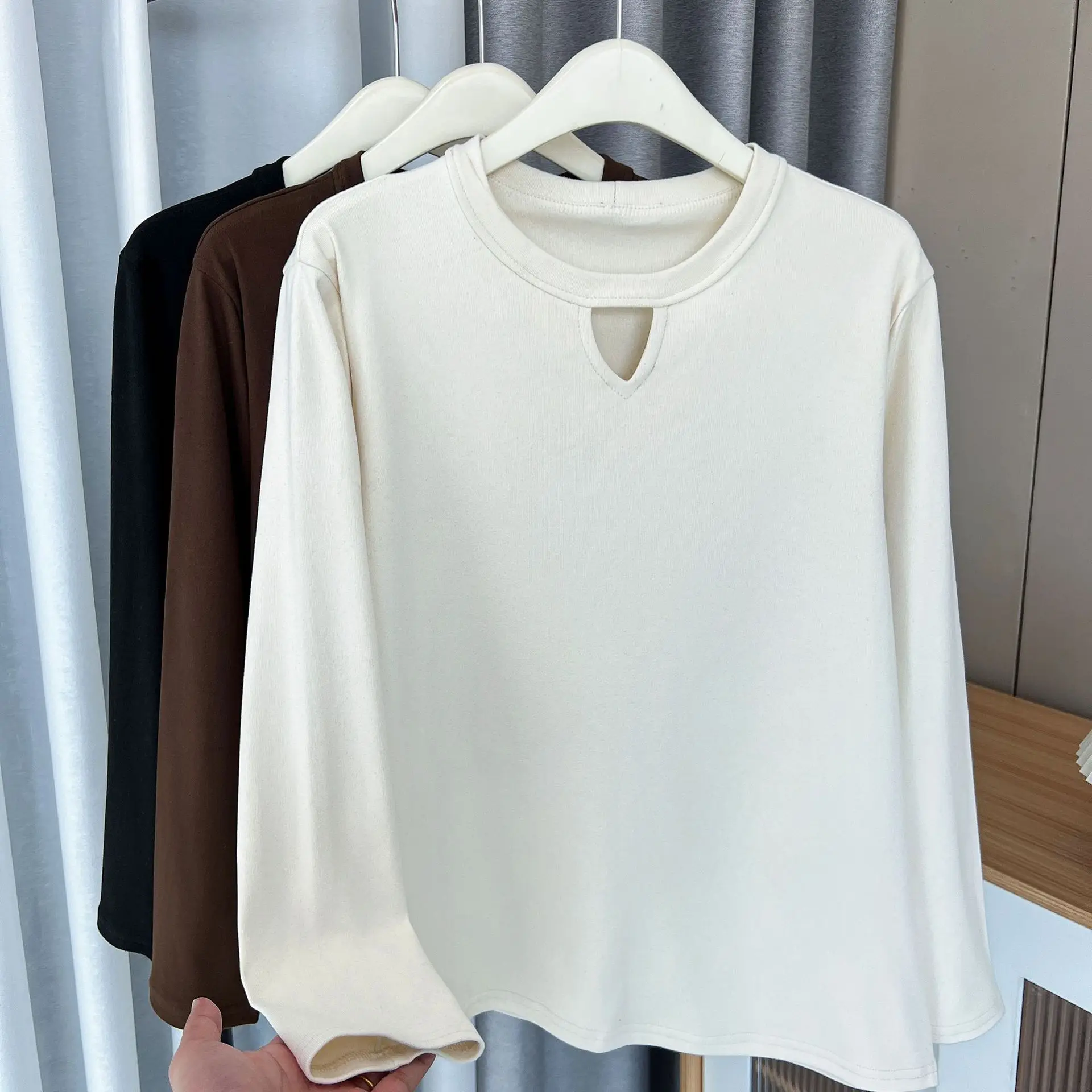 100kg Spring Autumn hollow-out Solid Color Long Sleeve T-shirt Plus Size Women's Casual De Velvet Warm Fabric Basic TOPS 2261