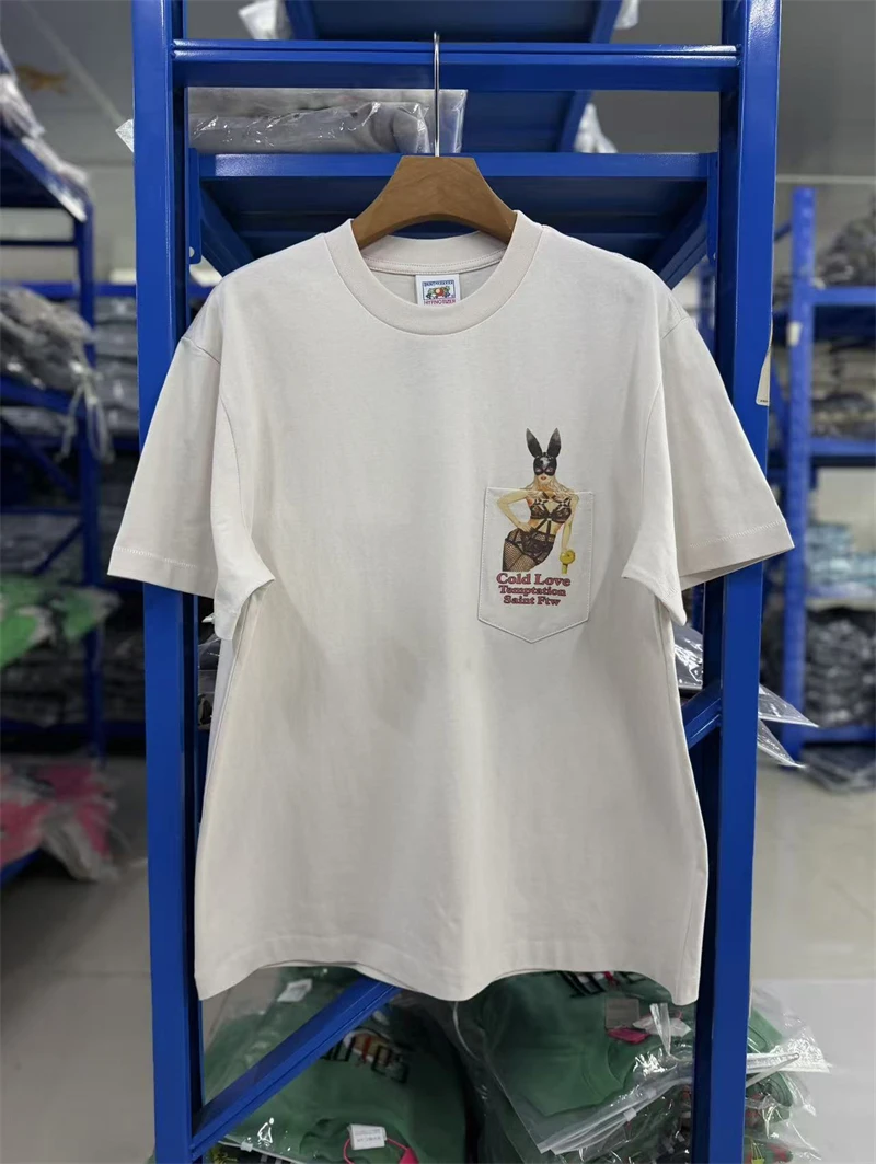 New Saint Mx6 SS26 Commuter Vintage Single Pocket Bunny Girl Print Comfort Round Neck Short Sleeve Washed Versatile T-shirt