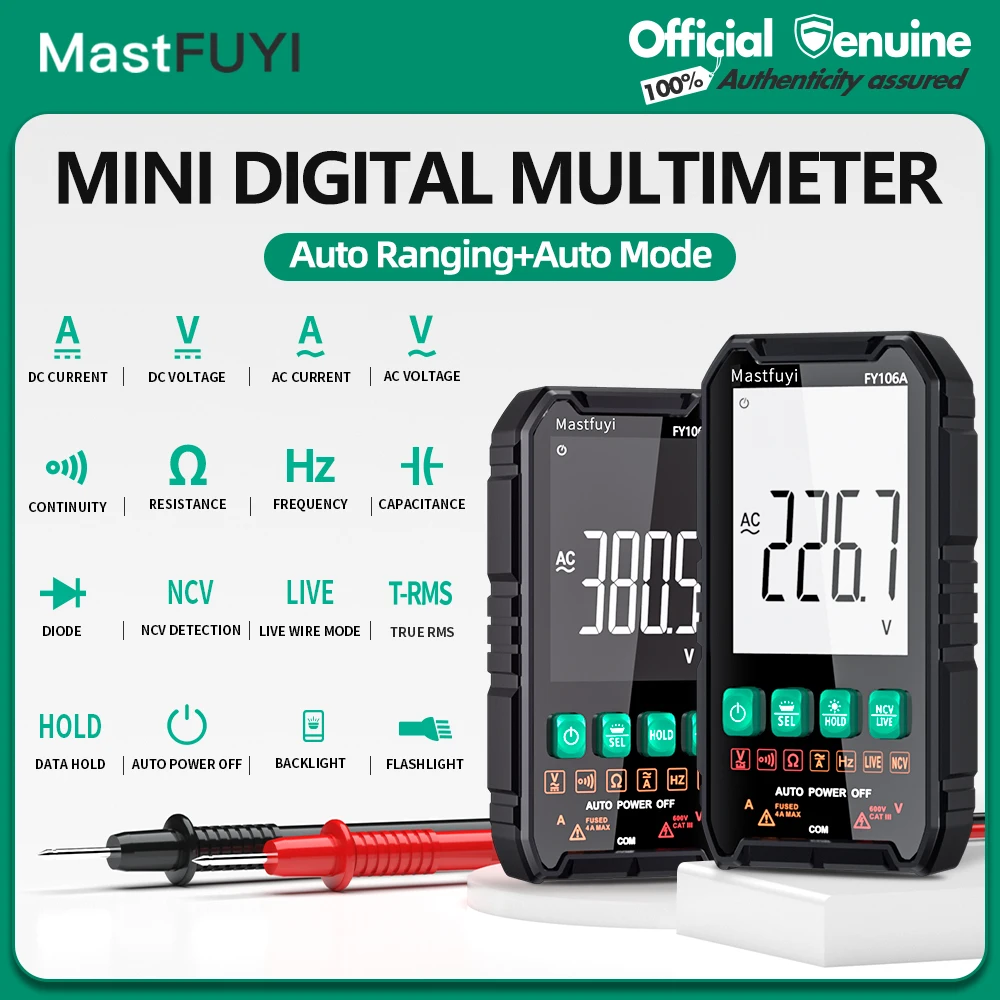 

MASTFUYI Digital Multimeter High Precision Auto-Ranging AC/DC Voltage Current Resistance Tester Electrical Repair DIY & Home Use