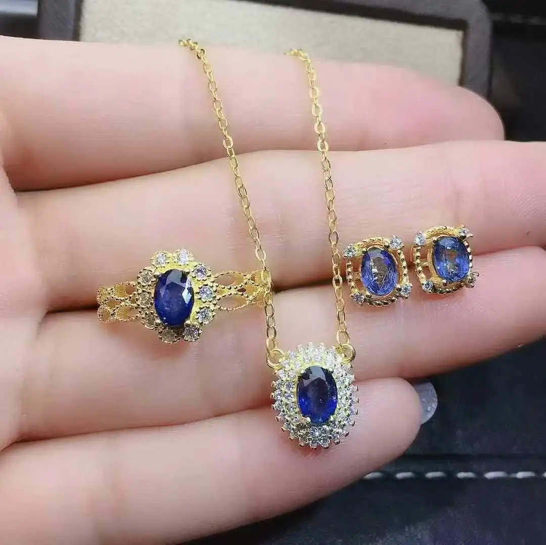 Pure Natural Sapphire Set High Quality 925 Sterling Silver Classic Women Wedding Jewelry set 1pc ring,1pc pendant,2pcs earrings