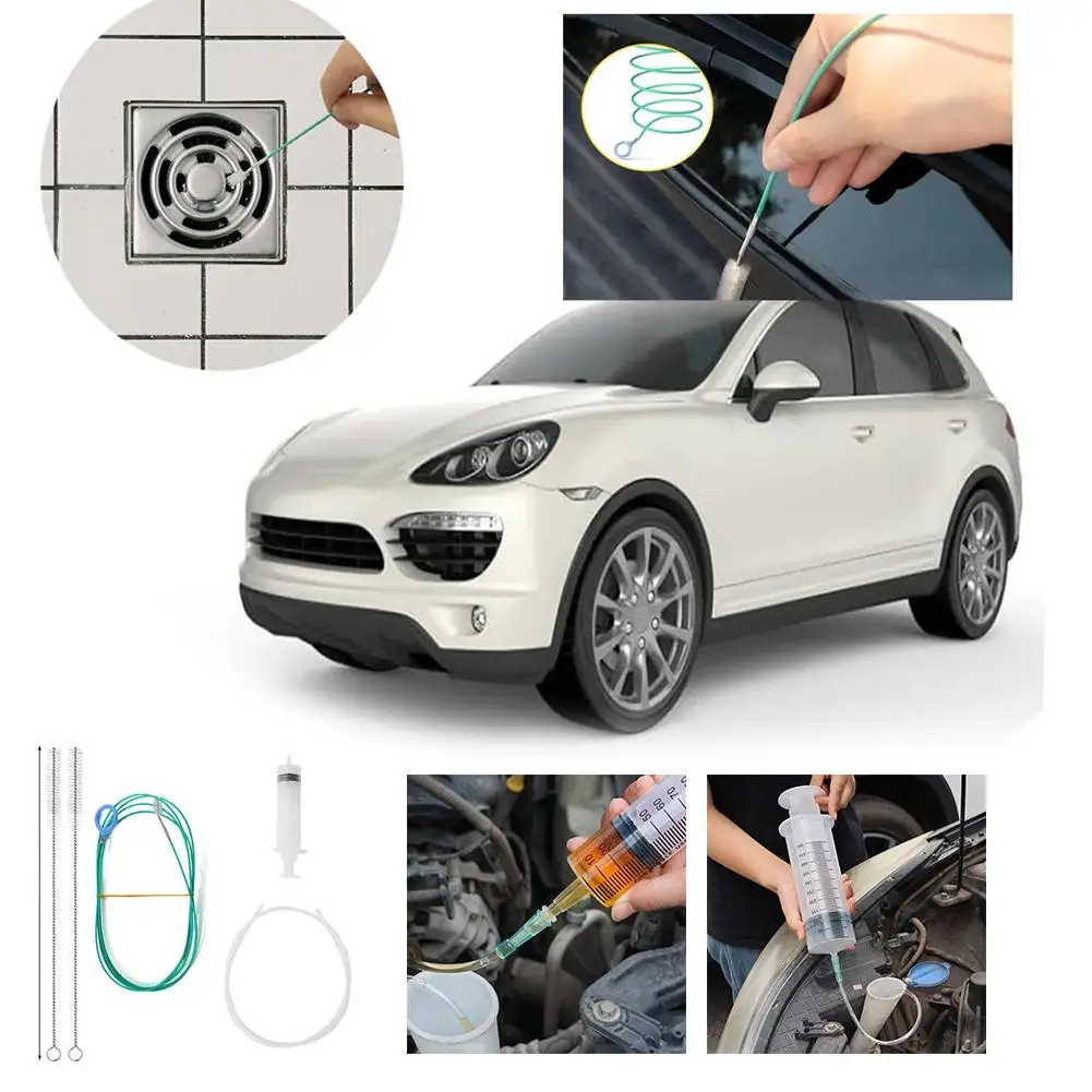 1 Set Car Sewer Unclogger Cleaning Brush & Syringes Oil Pump With Hose Universal Car Sunroof Drain Cleaning Kits Hole Clog Brush