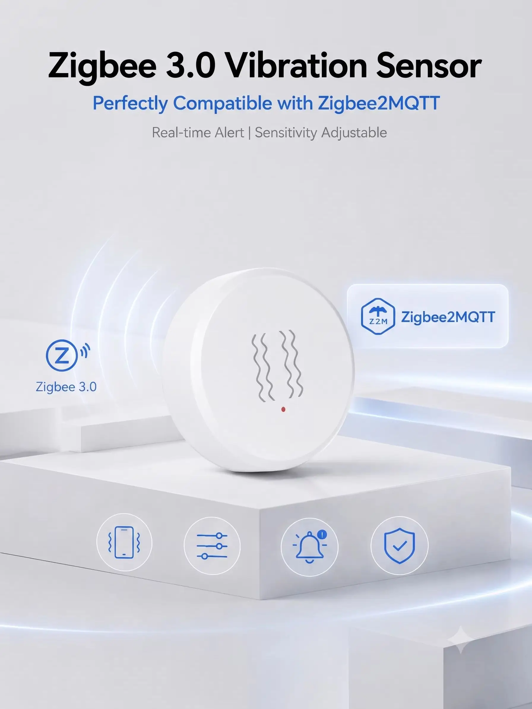 Zigbee 3.0 Intelligenter Vibrationssensor Echtzeit-Erkennung von Stürzen, Bewegungen und Stößen Alarm für Tür, Fenster, Schublade Kompatibel mit Zigbee2MQTT