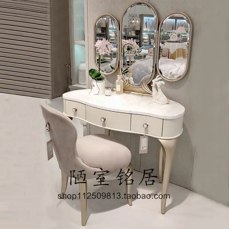 HYS American light luxury solid wood dresser European high-end oval three-sided beauty mirror simple dressing table