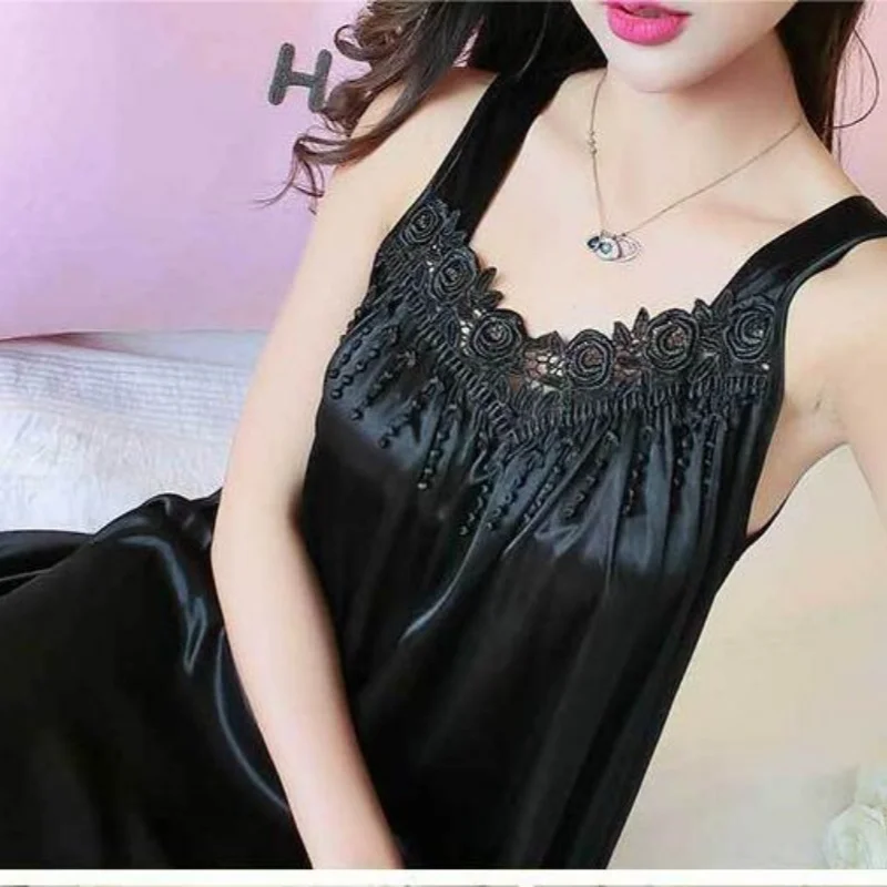 Women Summer One Piece Slip Dress Big Size Loose Loungewear Suspenders Sexy Solid Nightdress With Lace Sleeveless Thin Soft