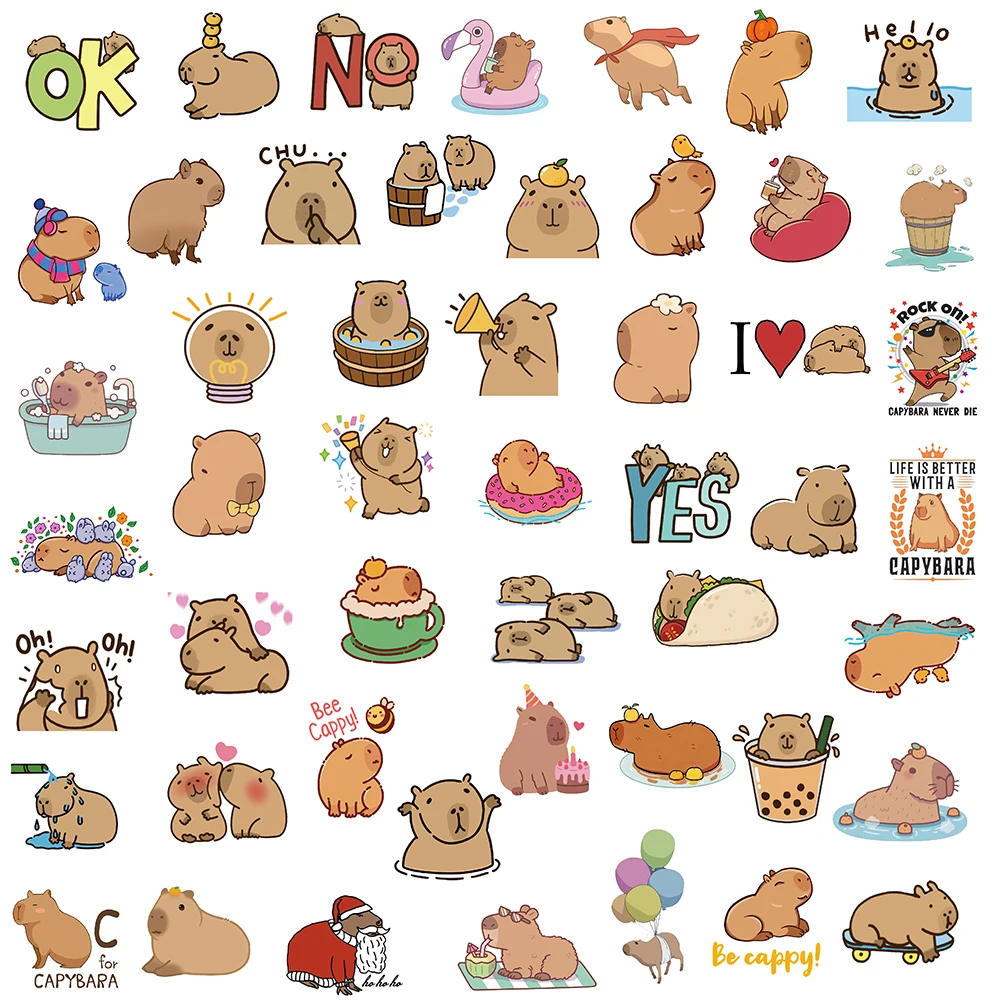 Capivara desenhos animados adesivos para laptop, água, garrafa, bagagem, skate, decalques grafite, engraçado, bonito, 50 ou 100pcs