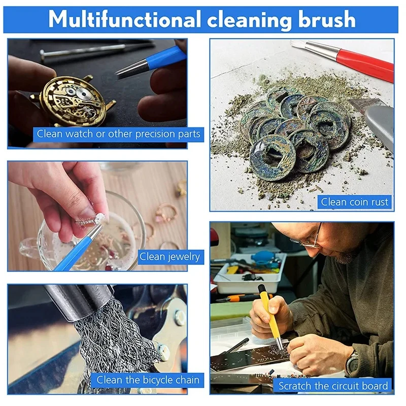 4Pcs Rust Removal Brush Pen Glass Fiber / Brass /Steel /Nylon Brush Pen Shape Watch Jewelry Parts Polishing Cleaning Tool Set