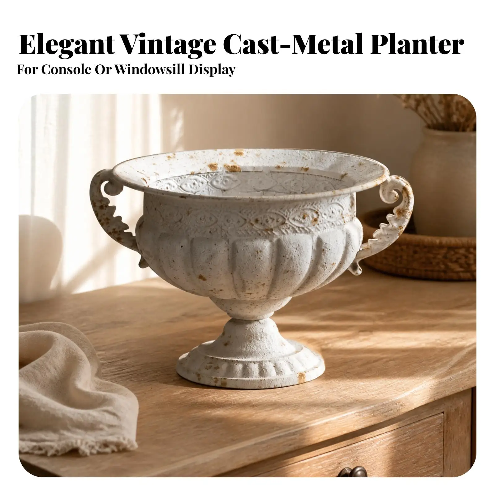 Vintage Style Metal Urn Vase with Two Scroll Side Handles for Floral Centerpiece Display on Tabletop or Shelf Decor