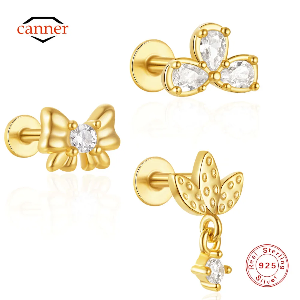 

CANNER 1PC 925 Sterling Silver Bow Zircon Flat Head Stud Earring For Women 18K Gold Ins Piercing Bone Nails Fine Jewelry Gift