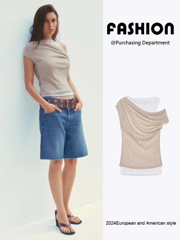

New Summer Asymmetric Double Layer round Ne Svel T-irt Women's Slim Fit Commute Sle Knitted Top Regular Length