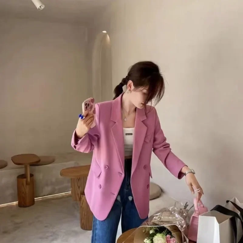 

Новый корейский стиль сиреневый розовый свободный крой женский весенне-осенний пиджак модный шикарный универсальный однотонный модный дизайнерский пиджак