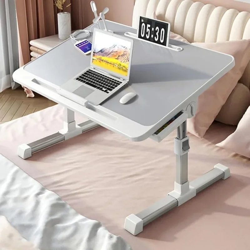 Foldable Laptop Table Dormitory Student Table with Book Stand Strip USB Jack Extra Leg Height Adjustable Laptop Stand for Bed