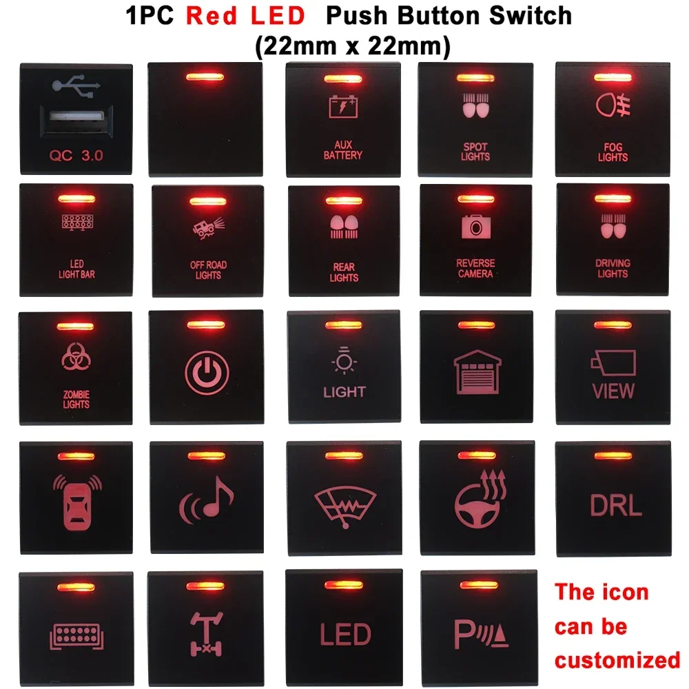 12V Dash Push Button Switch ON-OFF Red LED for Toyota RAV4 Camry Hiace Corolla Land Cruiser Prado 150 Series Altis 22 x 22 mm