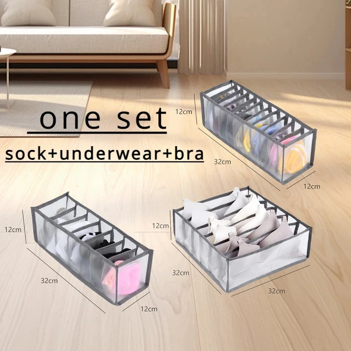 3PCS Wardrobe Drawer Storage Box for Underwear Socks Bras Grid Organizer Home Dorm Closet Organizer Bag
