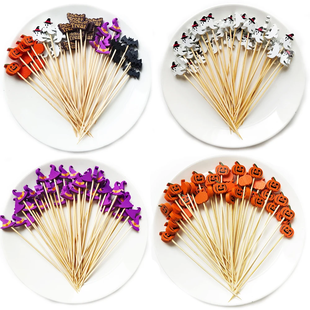 100 Stücke Halloween Kürbis Bambus Spieße Obst Gabel Dessert Salat Gemüse Einweg Sticks Zahnstocher Spieß Halloween Decor