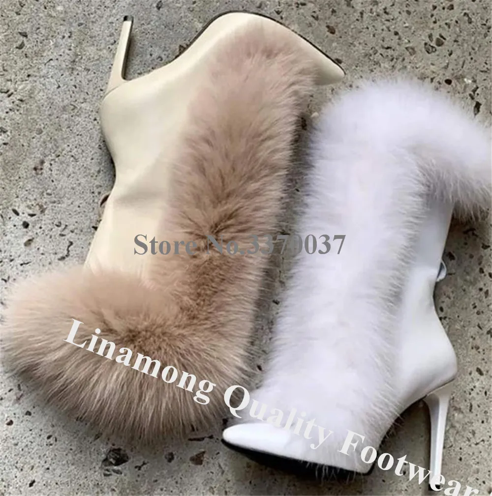 

Linamong Fur Thin Heel Mid-calf Boots Luxurious Fringes Pointed Toe Black Matte Leather Straps Cross Stiletto Heel Fur Boots
