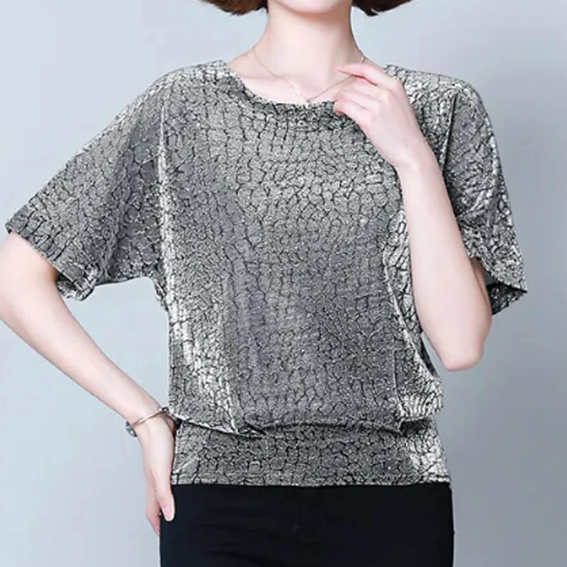 Women\'s Short Sleeve Loose Blouse, Casual Shirt, Elegant, O-Neck, Office Clothing, Summer Fashion Shiny Silver Tops, 14081