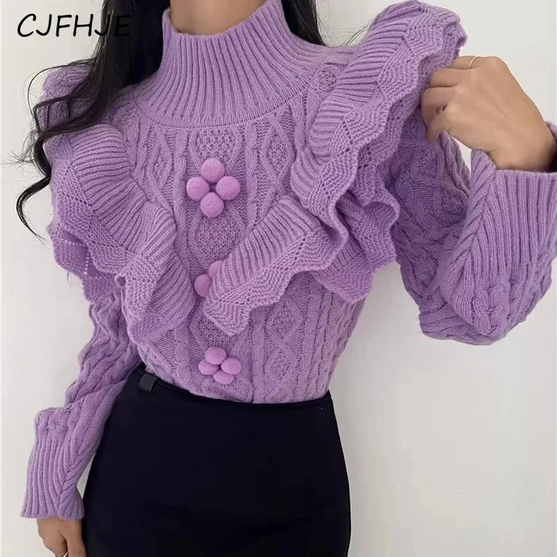 

CJFHJE Women Stand Up Collar Patchwork Ruffled Edges Loose Lantern Sleeve Knitted Sweater Casual Women's Long Sleeved Sweater