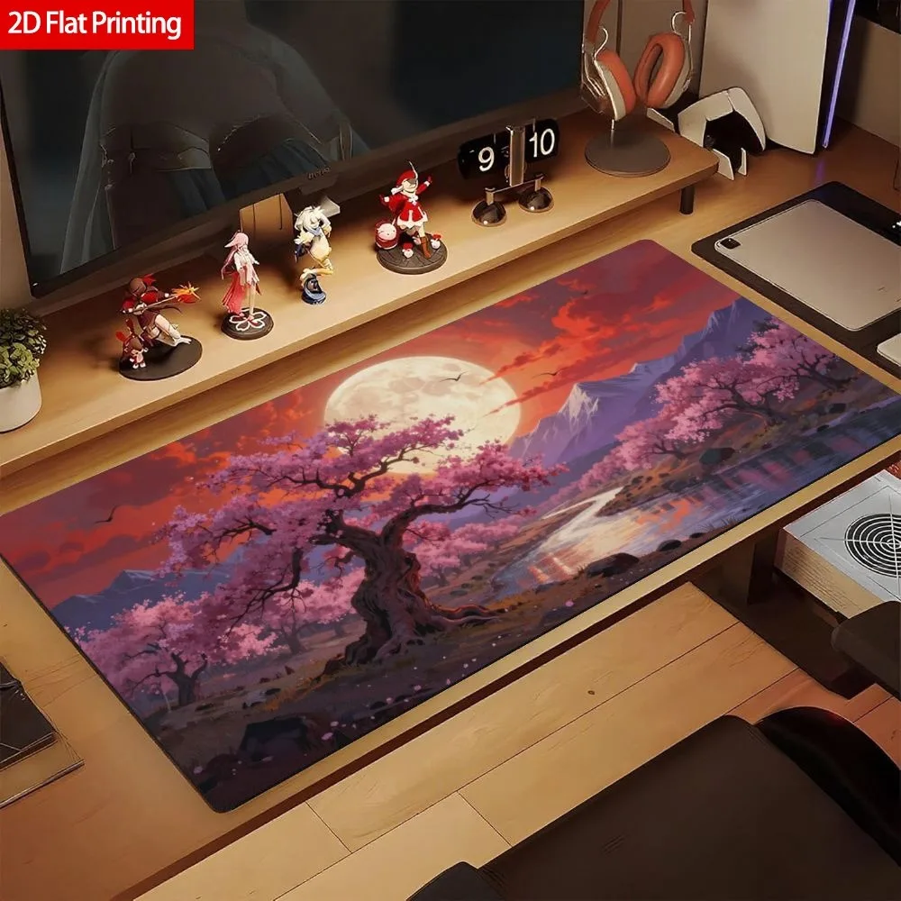 Planar Anime Landscape Mouse Pad - Peach Blossom Moonlight River Home and Office Desktop Decor Smooth Anti-Slip Base