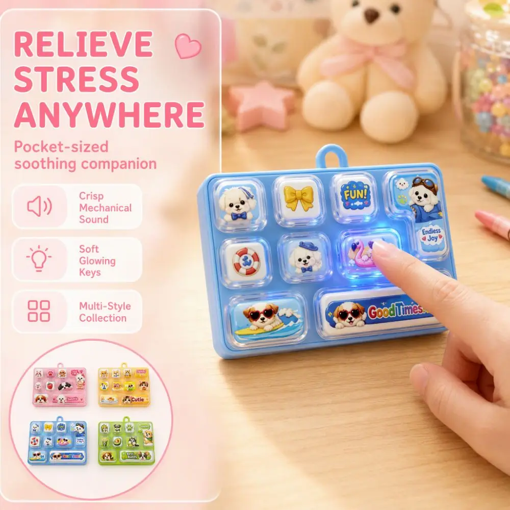 Cartoon 9 Key Keyboard Keychain Animals Pressable Key Fingertip Button Keyring Relaxed with Lights Sensory Clicker Student Gift