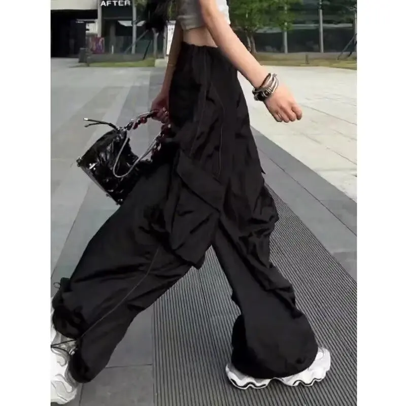2024 Trendy Women Wide Leg Cargo Pants Street Vibes Flap Pockets Drawstring Ruched High Waist Parachute Pants Mujer