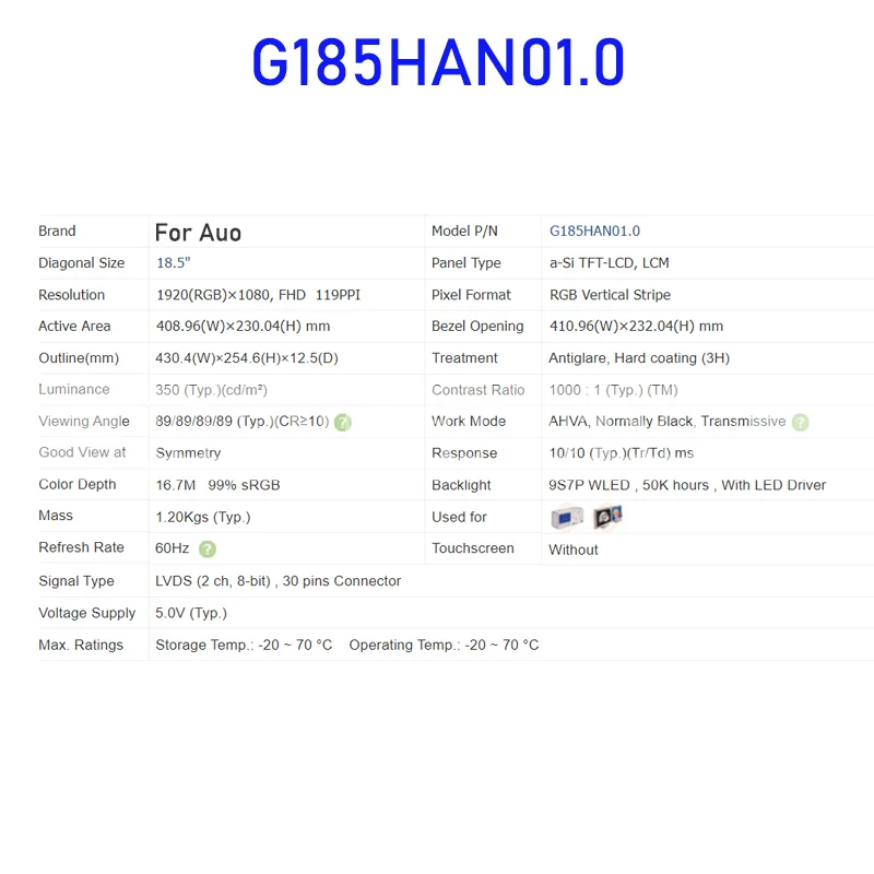 G185HAN01.0 Painel de tela LCD industrial de 18,5 polegadas original para Auo 30 pinos novo 100% testado