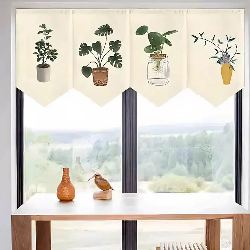 VIKAMA Green Plant Printing Triangle Hanging Flag Short Curtain Kitchen Bedroom Home Decoration Hanging Flag Curtain