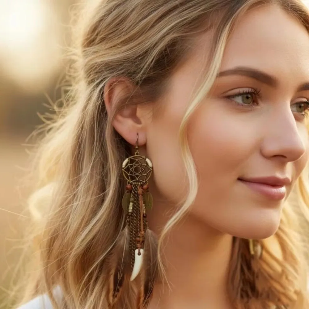 Bohemian Style Dangling Drop Earrings Handmade Antique Tassel Earrings Long Leaf Pendant Dream Catcher Earrings Vacation Jewelry