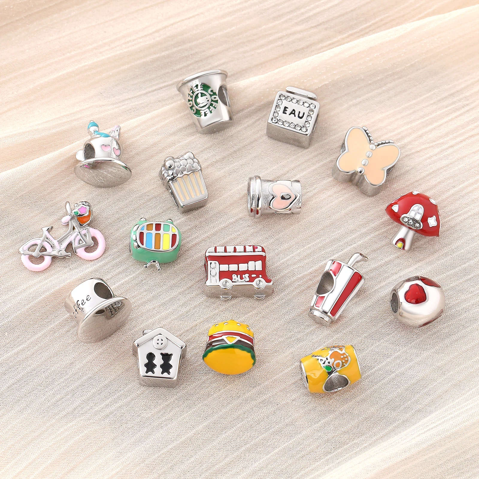 2024 New Silver Color Cute House Mushroom Coffee Bike Drinks Hamburger Beads Fit Original Bracelet Making Fashion DIY Jewelry