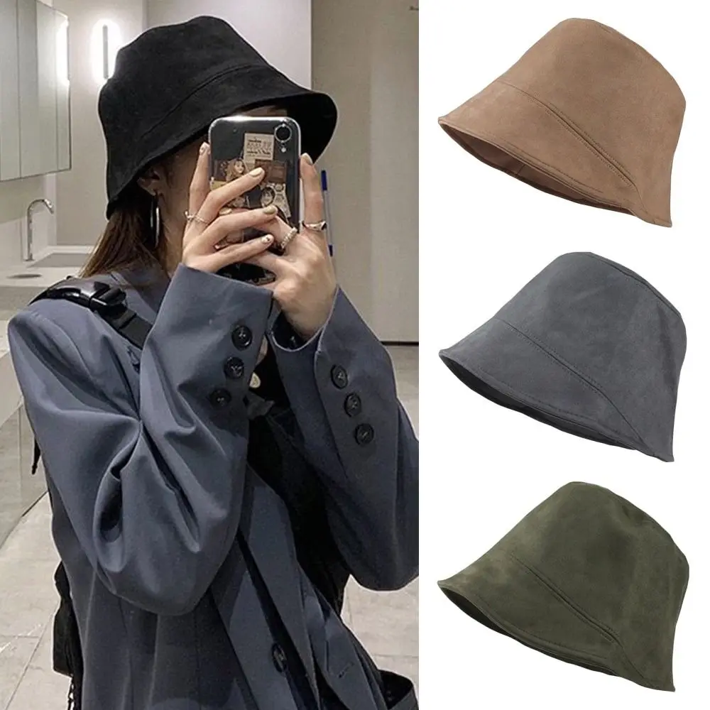 Fisherman Cap Fashion Casual Autumn Winter Warm Soft Suede Wool Bucket Hat for Women Panama Hat Outdoor Basin Sun Cap Dark Grey