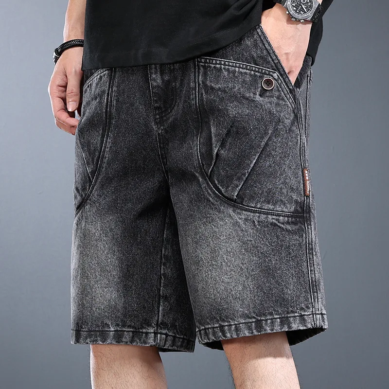 American Style Vintage Fashion Men Loose Fit Casual Loose Fit Multi Pockets Simple Basic Denim Shorts Male Knee Length Trousers