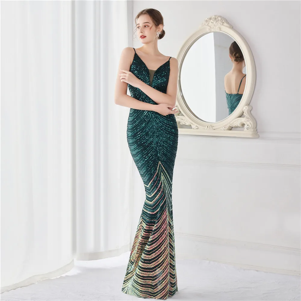 Plus Size Real Photos Sequin Mermaid Deep V Neck Spaghetti Evening Dresses Bridesmaid Wedding Party Formal Prom Floor Length