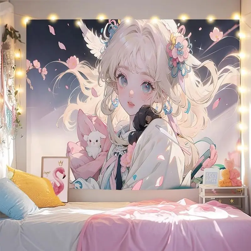 VIKAMA Pink Hair Hanfu Girl Tapestry, New Chinese Anime Clothes Wall Hanging for Bedroom Living Room Dorm Decor