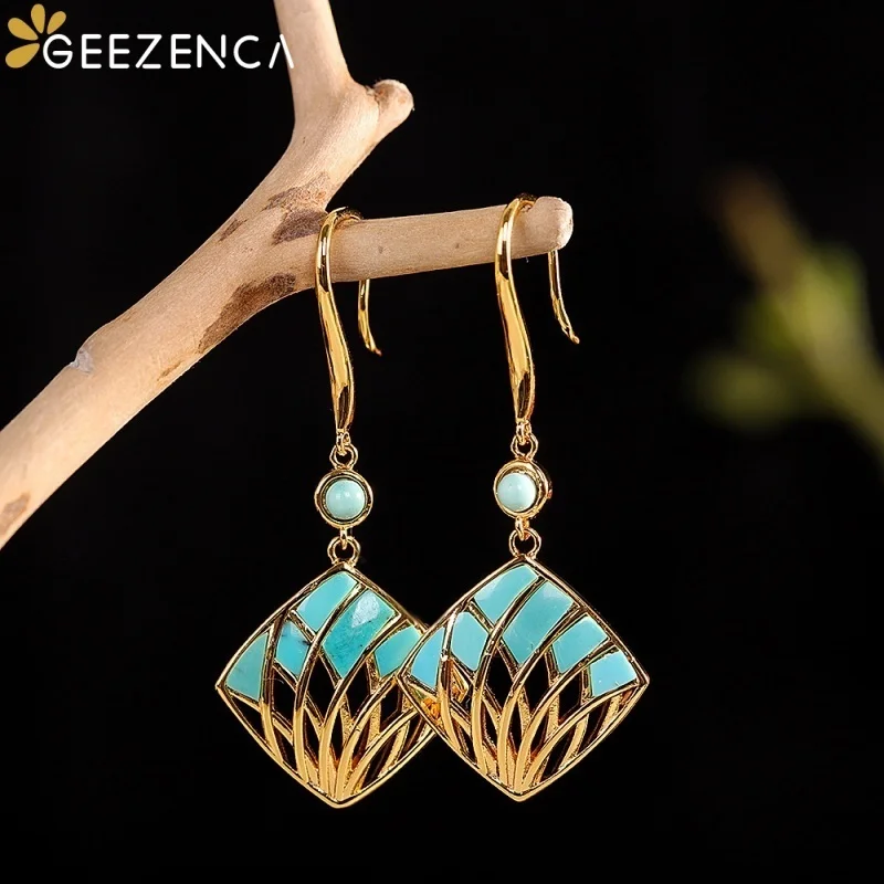 GEEZENCA 925 Sterling Silver 18K Gold Turquoise Hollow Diamond Shape Earrings For Women Geometric Luxury Dangle Earring New Gift