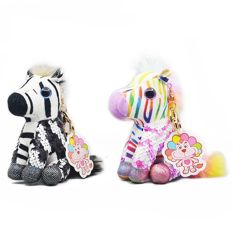 Simulação Zebra Sequins Plush Doll Chaveiro, Pingente De Desenhos Animados Bonito, Decoração De Mochila Colorida, Presente De Aniversário