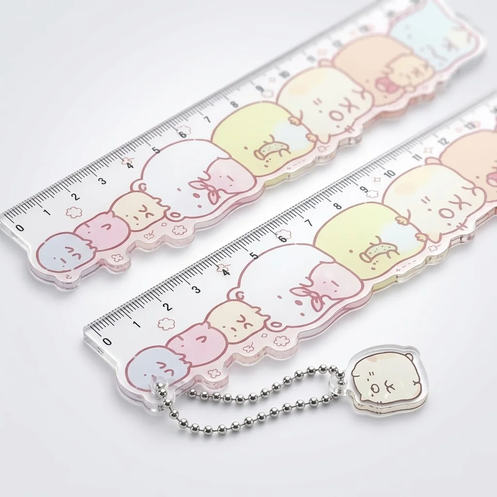 Kawaii Acrylic Ruler 15cm Stacked Animals Bear Cat Penguin Lizard Die Cut Charm Ball Chain Cute Desk Stationery 2 Pcs