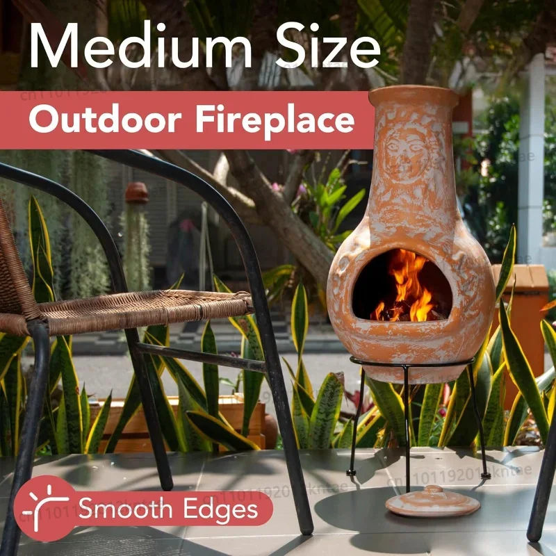 Medium Clay Chiminea Outdoor Fireplace – with Chimney Rain Lid, Sturdy Metal Stand, Yellow Terracotta, Patio & Garden